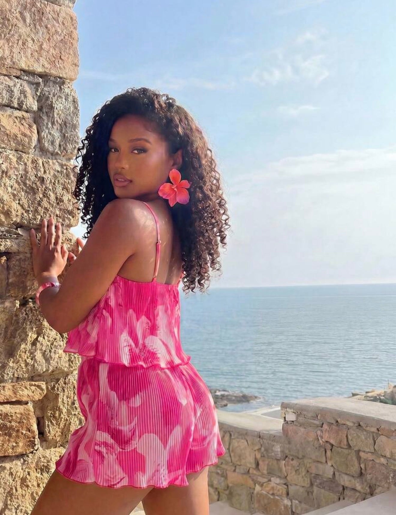 Summer Lily Print pleated Camisole top And Shorts 2PCS SET