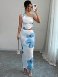 Asymmetrical Top with Long Skirt 2PCS Set