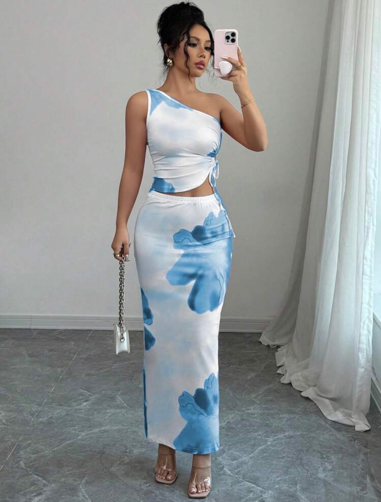 Asymmetrical Top with Long Skirt 2PCS Set