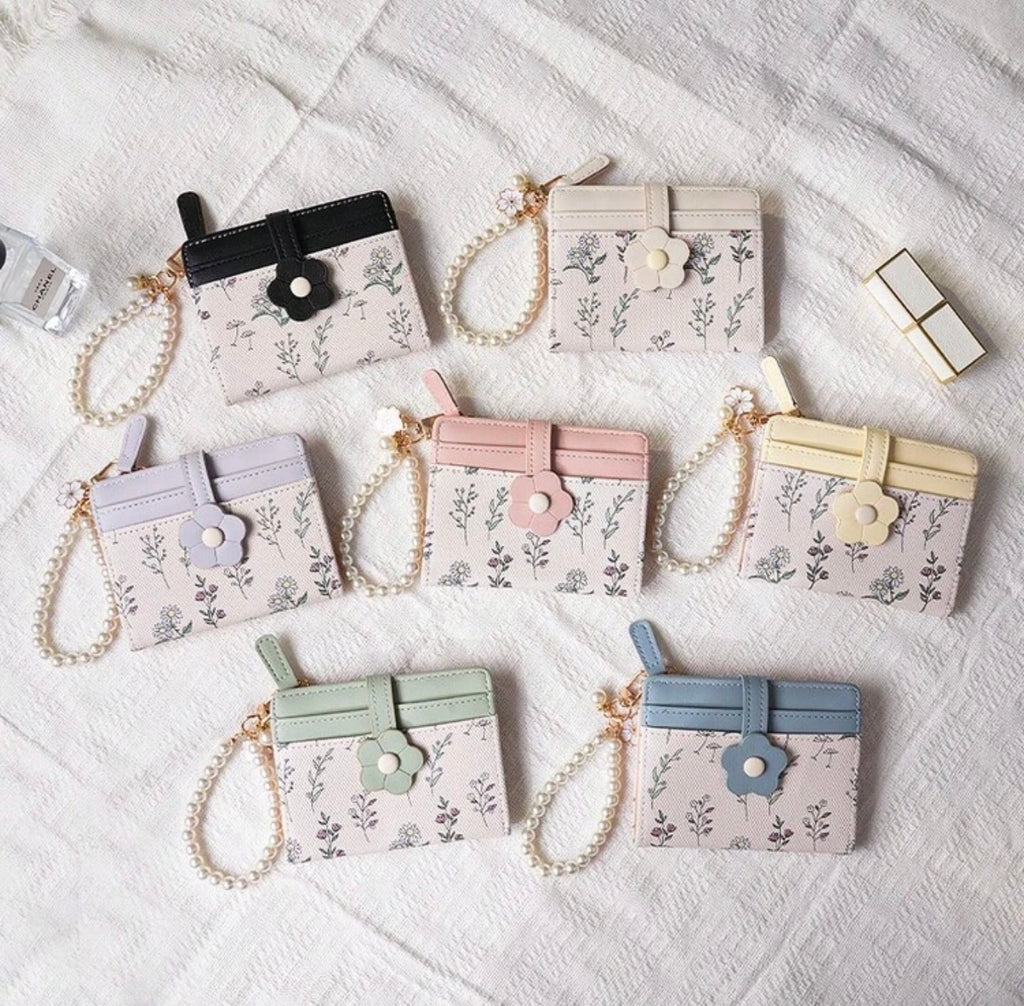 Floral Print Wallet With Pearl Chain