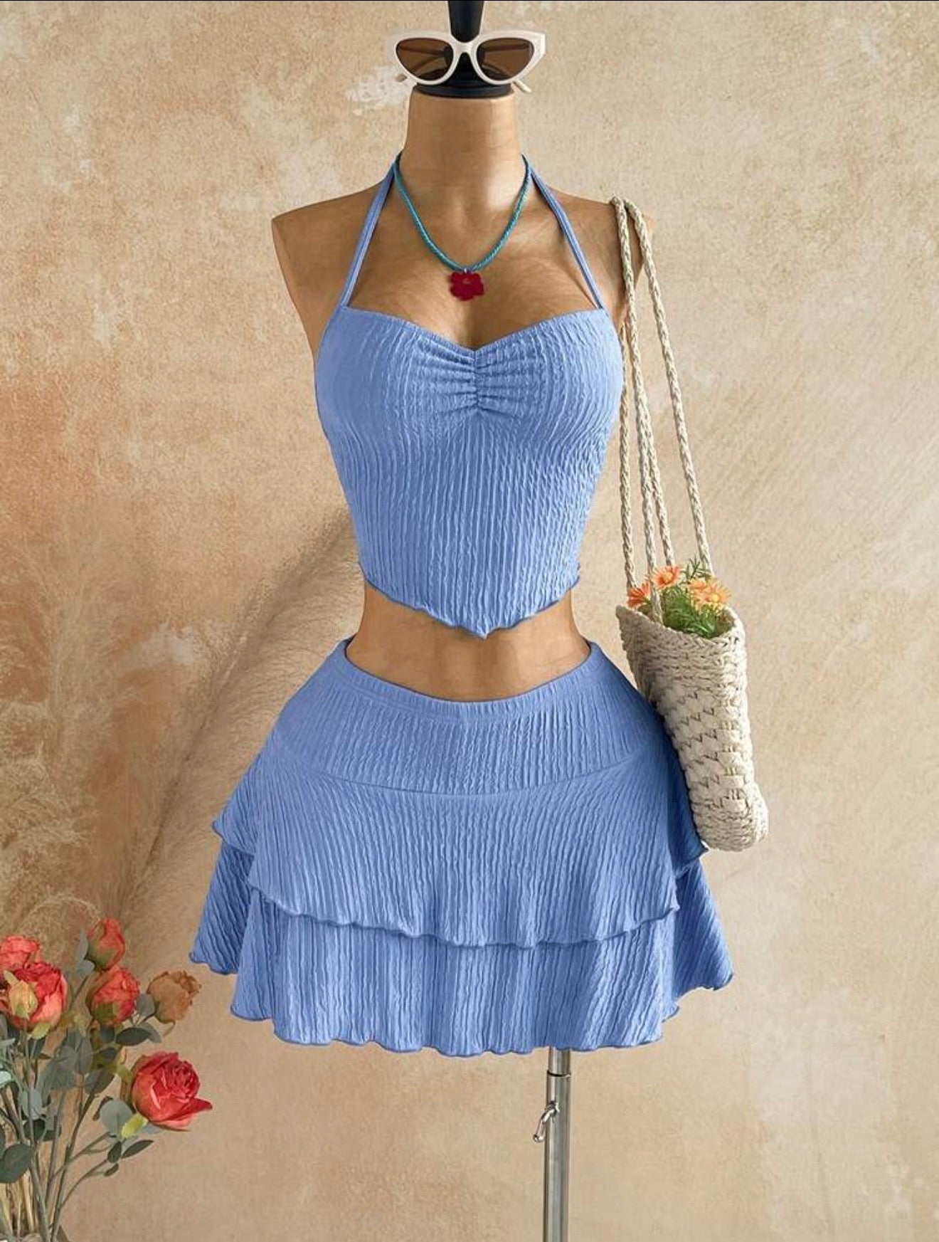 Blue Halter Top & Mini Skirt 2PCS Set