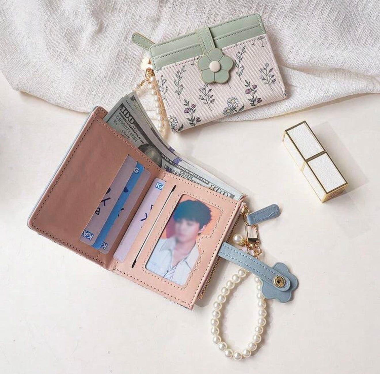 Floral Print Wallet With Pearl Chain