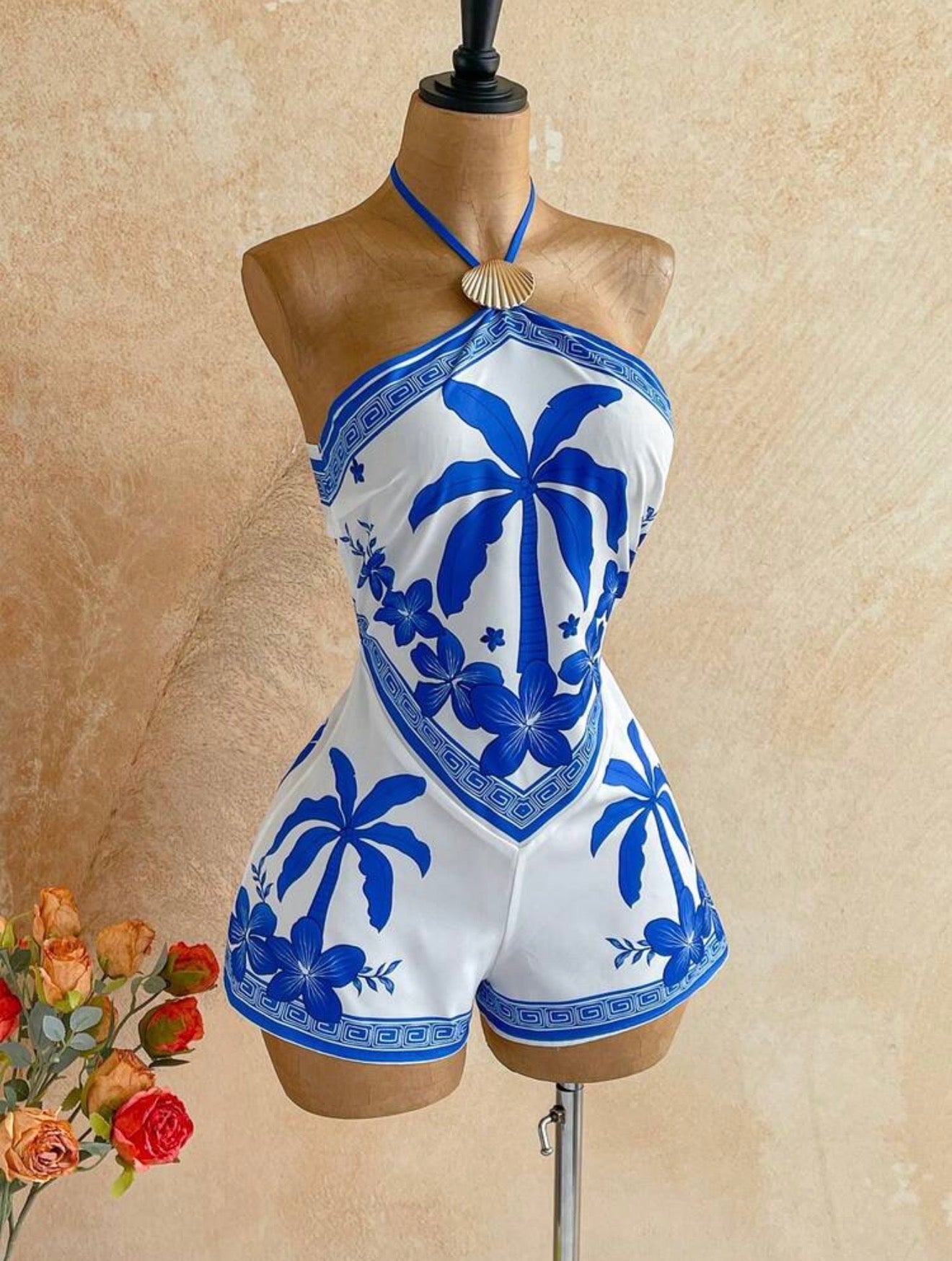 Tropical Print Backless Mini Jumpsuit