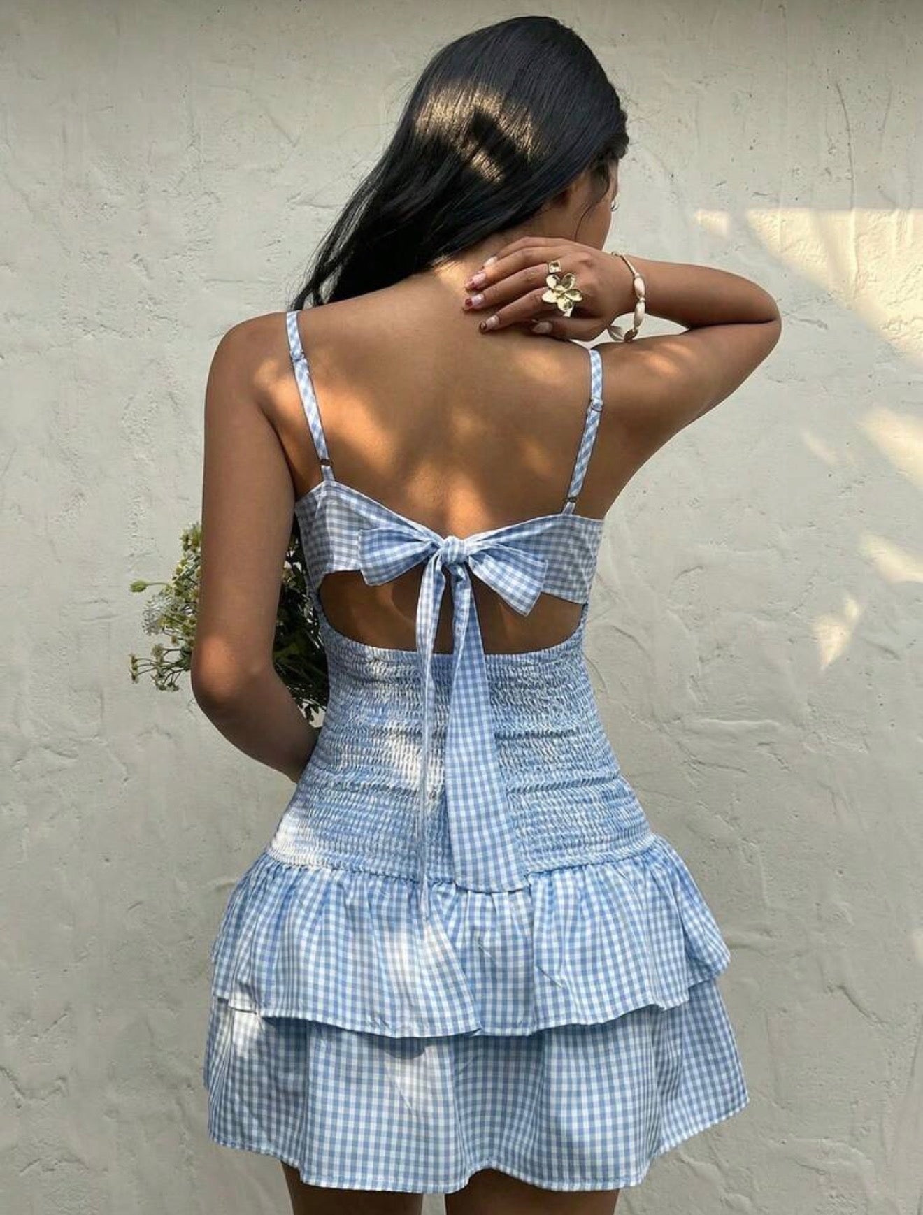 Backless Bow Tie Ruffle Hem Mini Dress