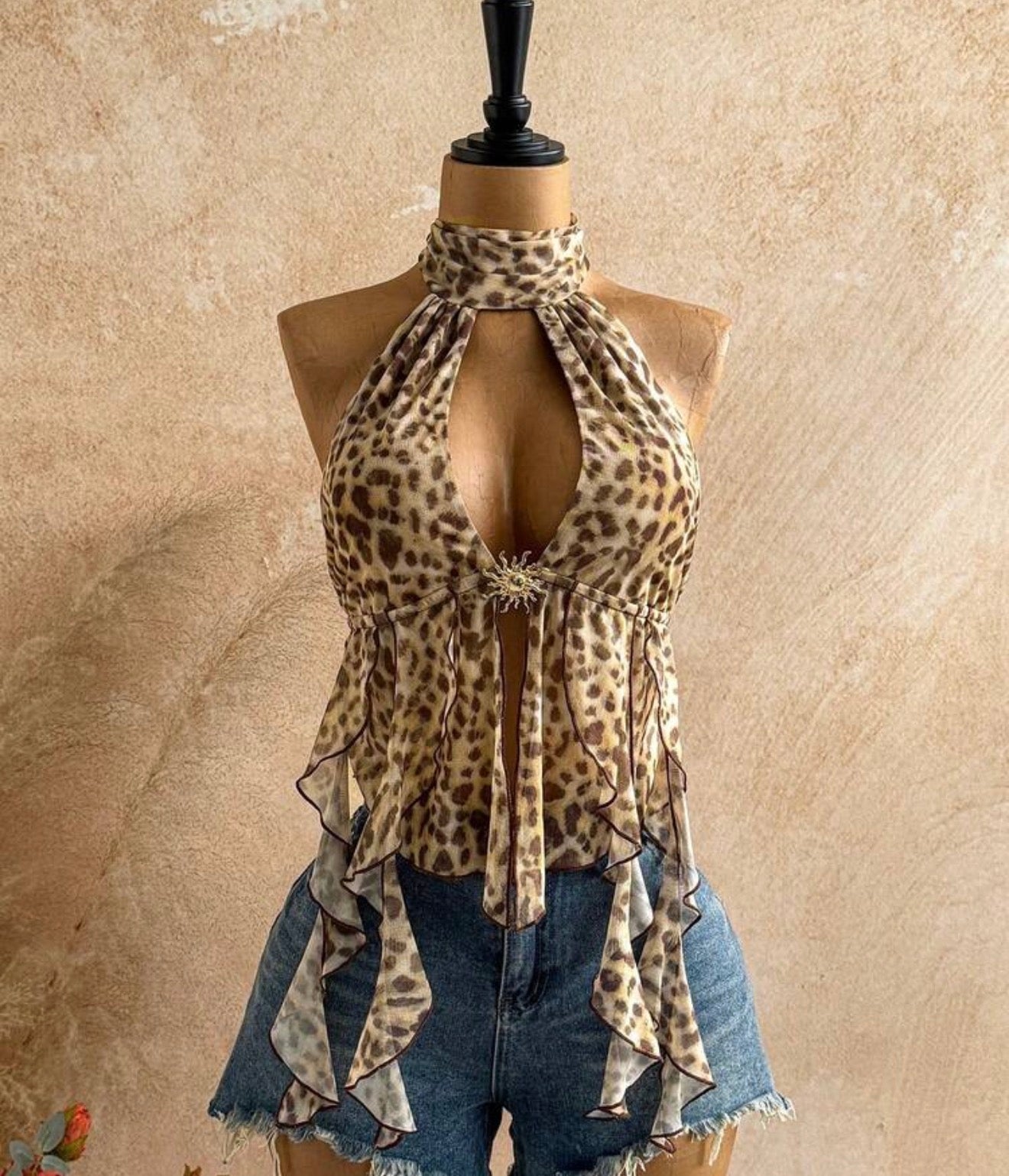 Leopard Print Scarf Halter Bowknot Top