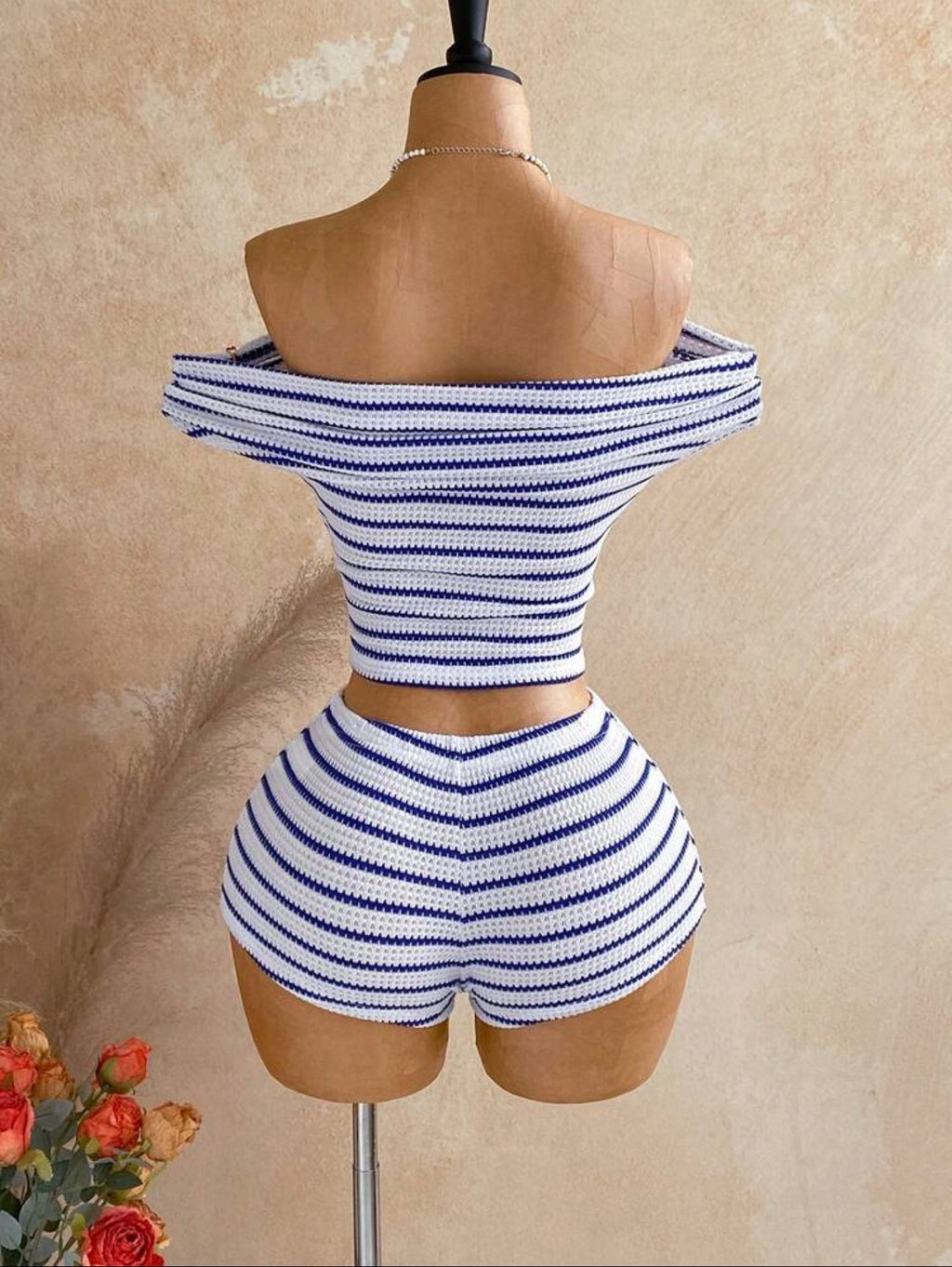 Off Shoulder Blue & White Striped 2PCS Set