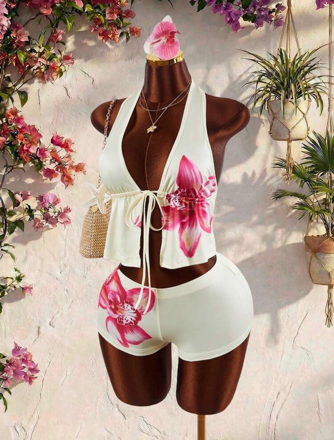 Floral V-Neck Tie Front Back Less Top & Low Rise Mini Shorts 2PCS SET