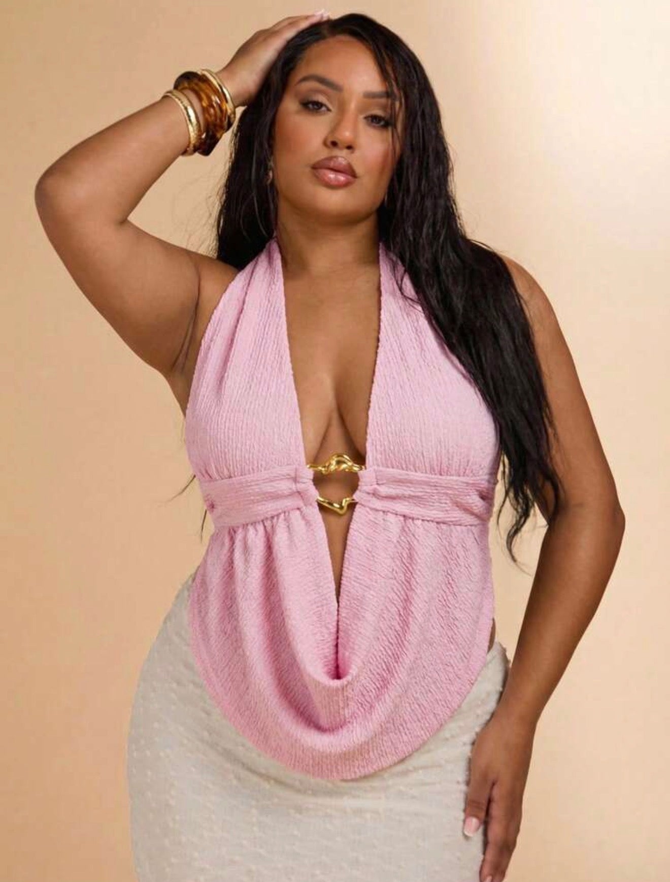 PLUS SIZE Draped Neck Halter Top with Metal Decor