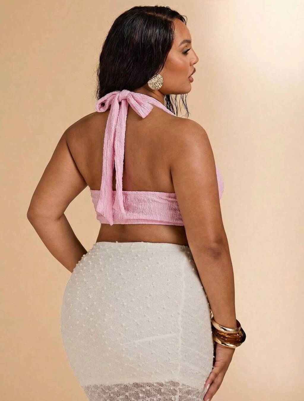 PLUS SIZE Draped Neck Halter Top with Metal Decor