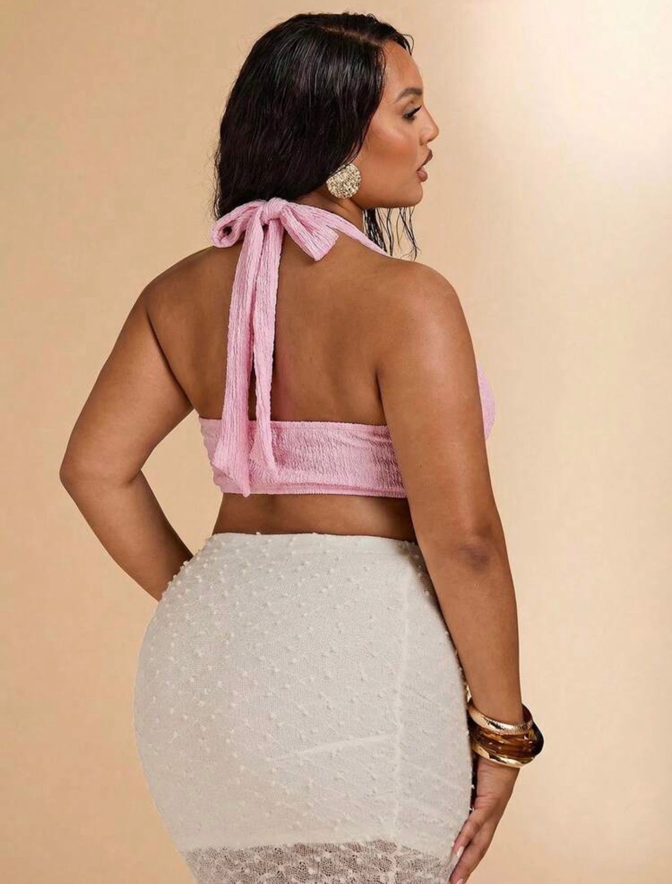 PLUS SIZE Draped Neck Halter Top with Metal Decor
