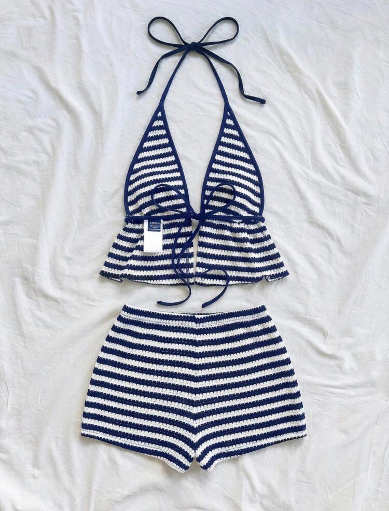 Striped Ruffle Hem Halter Tank Top & Shorts 2PCS SET