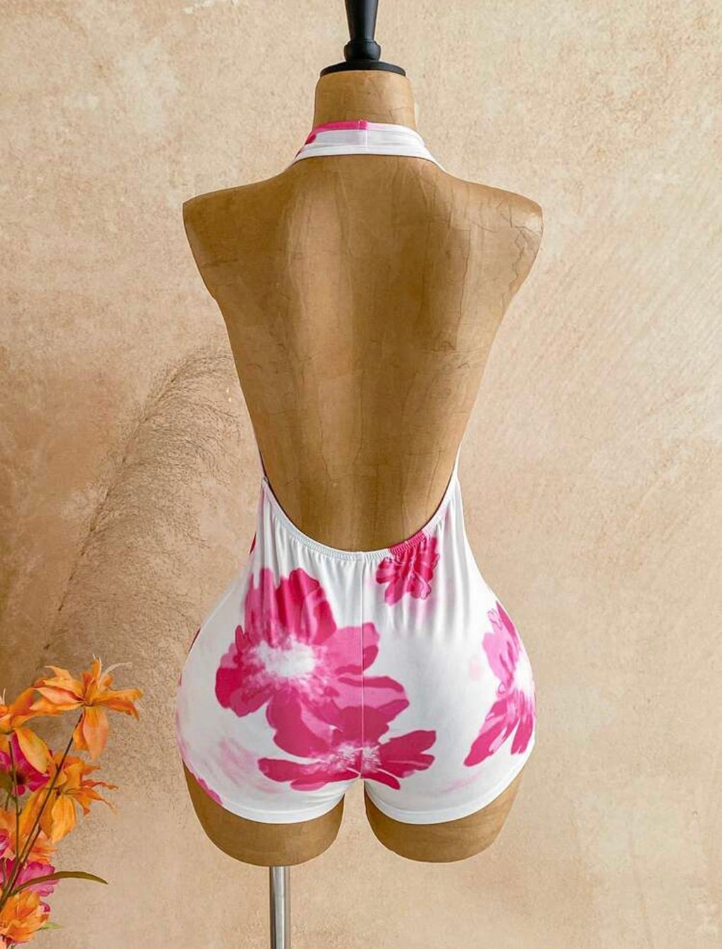 Floral White & Pink Backless Romper