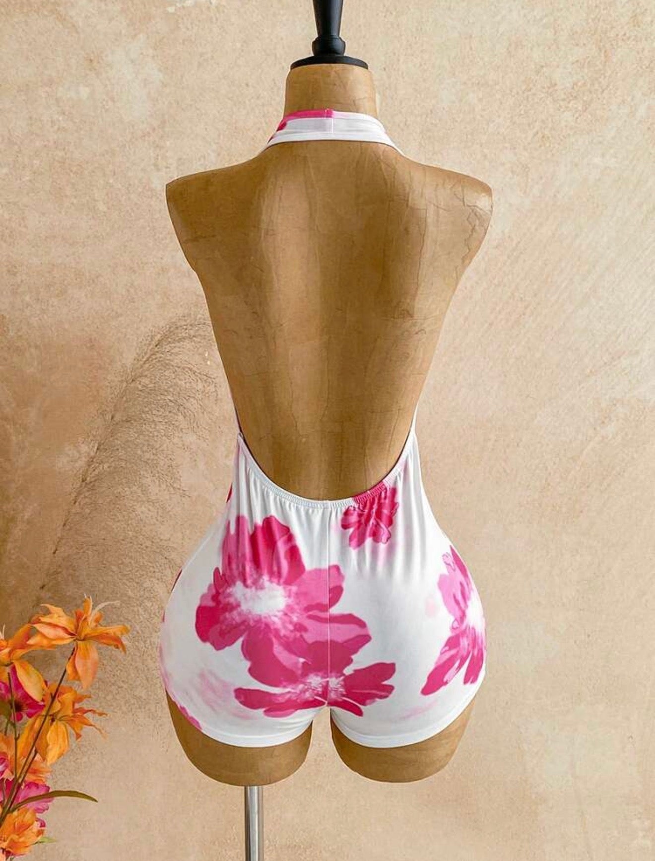 Floral White & Pink Backless Romper
