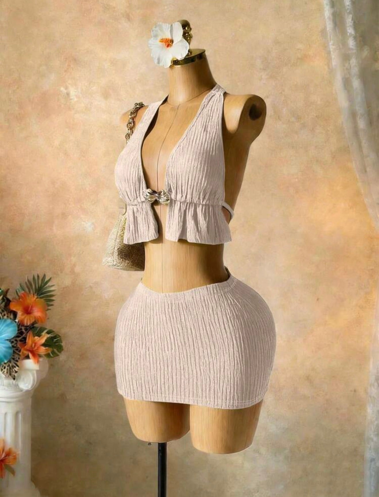 2PCS Knit-Textured Top & Mini Skirt