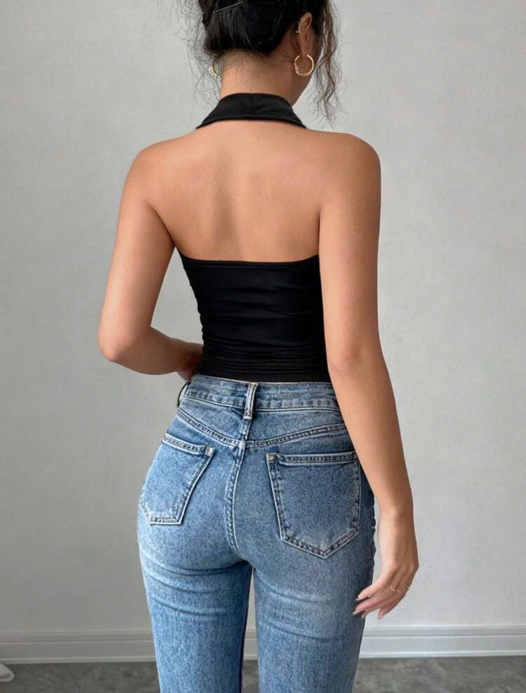 Draped Neck Fitted Top With Decor