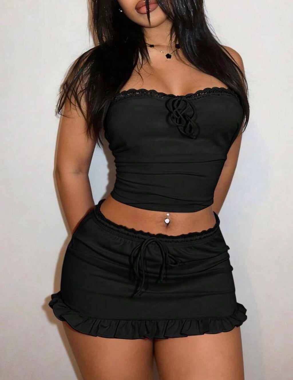 Black Casual Lace Strapless Bow Top and Ruffled Mini Skirt