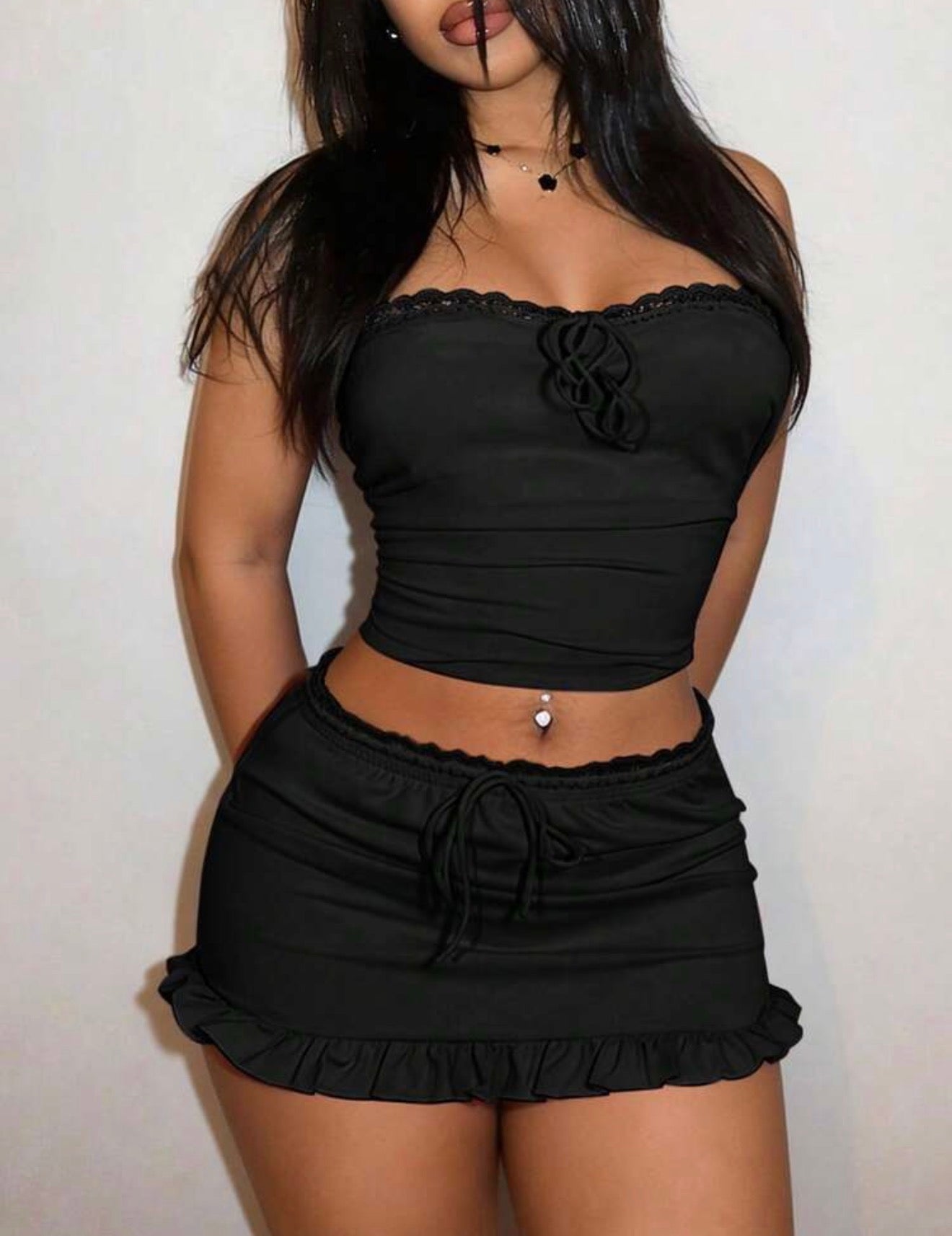 Black Casual Lace Strapless Bow Top and Ruffled Mini Skirt