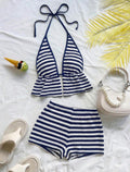 Striped Ruffle Hem Halter Tank Top & Shorts 2PCS SET