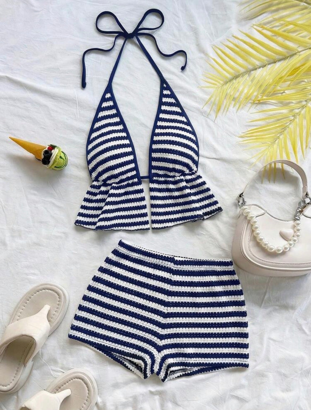 Striped Ruffle Hem Halter Tank Top & Shorts 2PCS SET