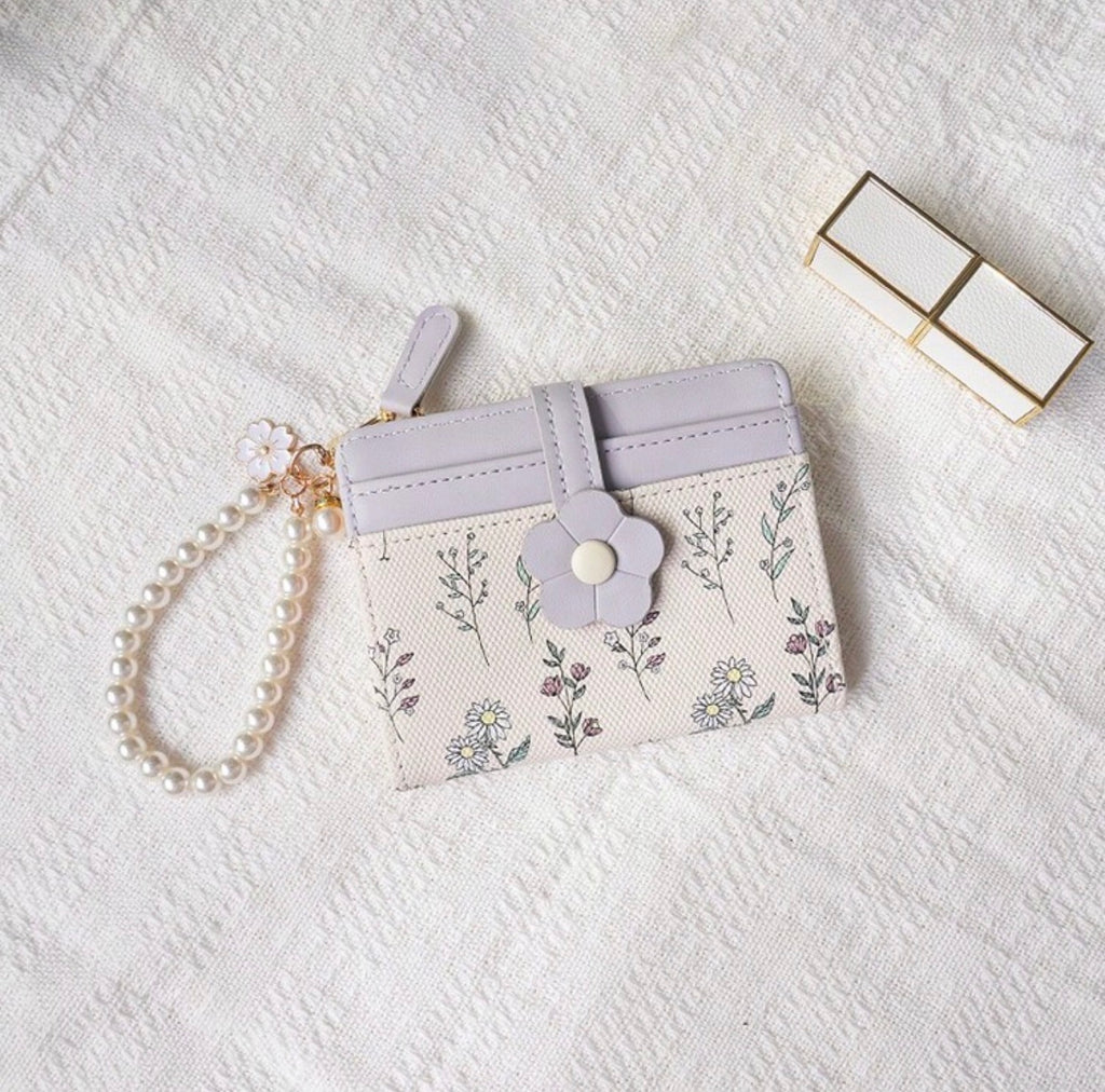 Floral Print Wallet With Pearl Chain