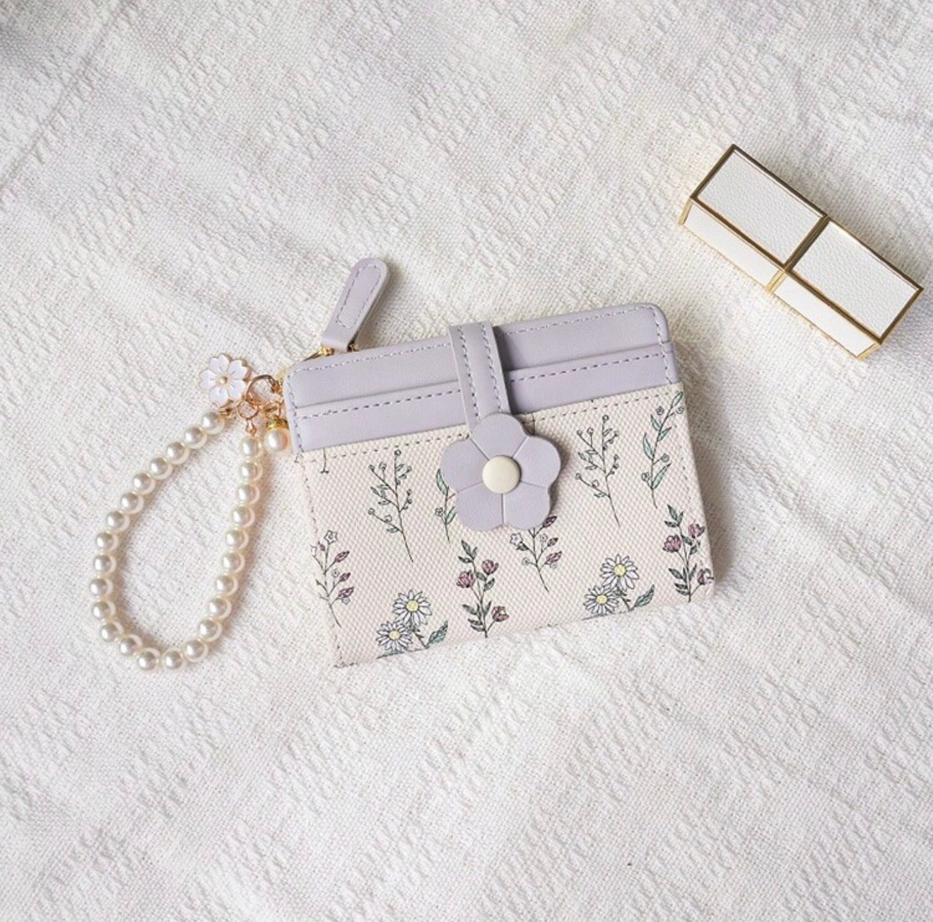 Floral Print Wallet With Pearl Chain