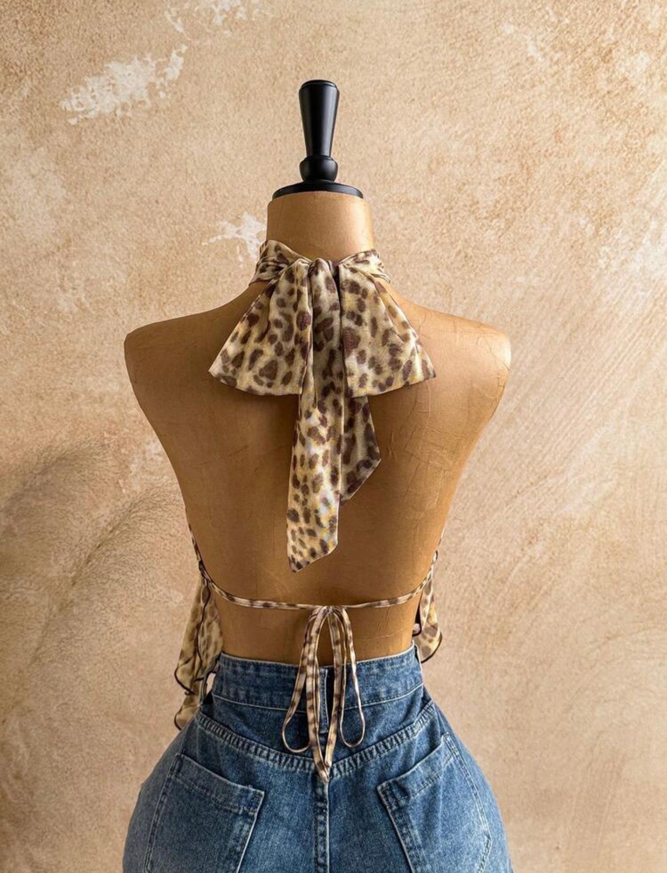 Leopard Print Scarf Halter Bowknot Top
