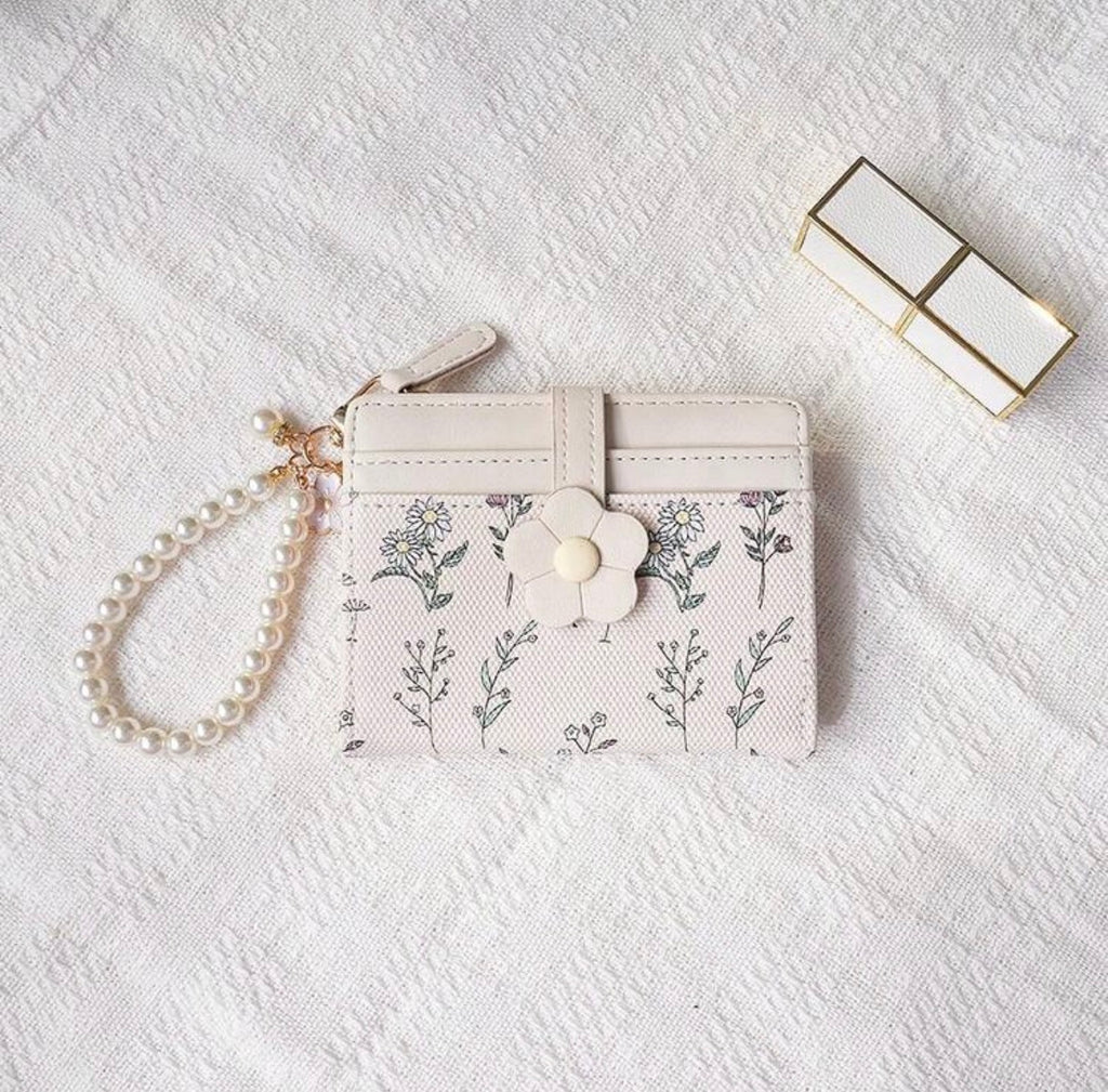 Floral Print Wallet With Pearl Chain