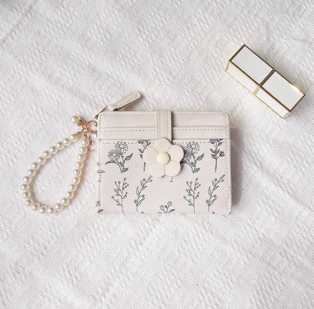 Floral Print Wallet With Pearl Chain