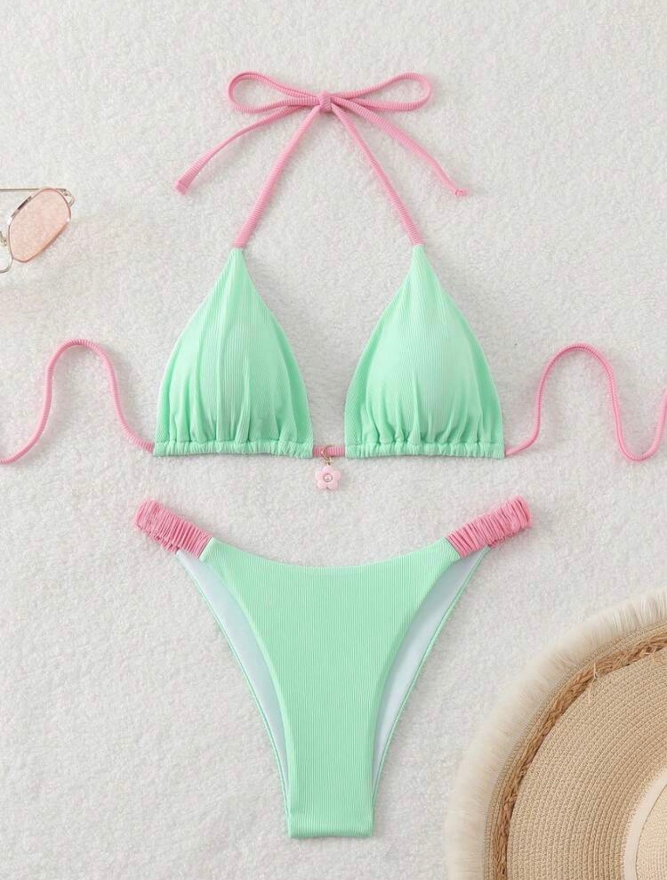 Turquoise with Pink Details 2pc Bikini Set