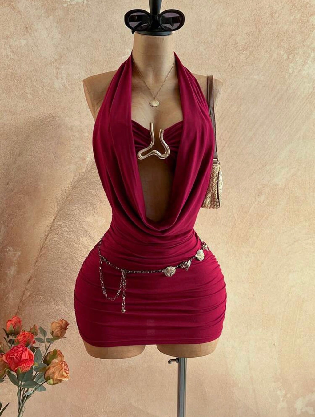 Plunging Neck Backless Fitted Mini Dress