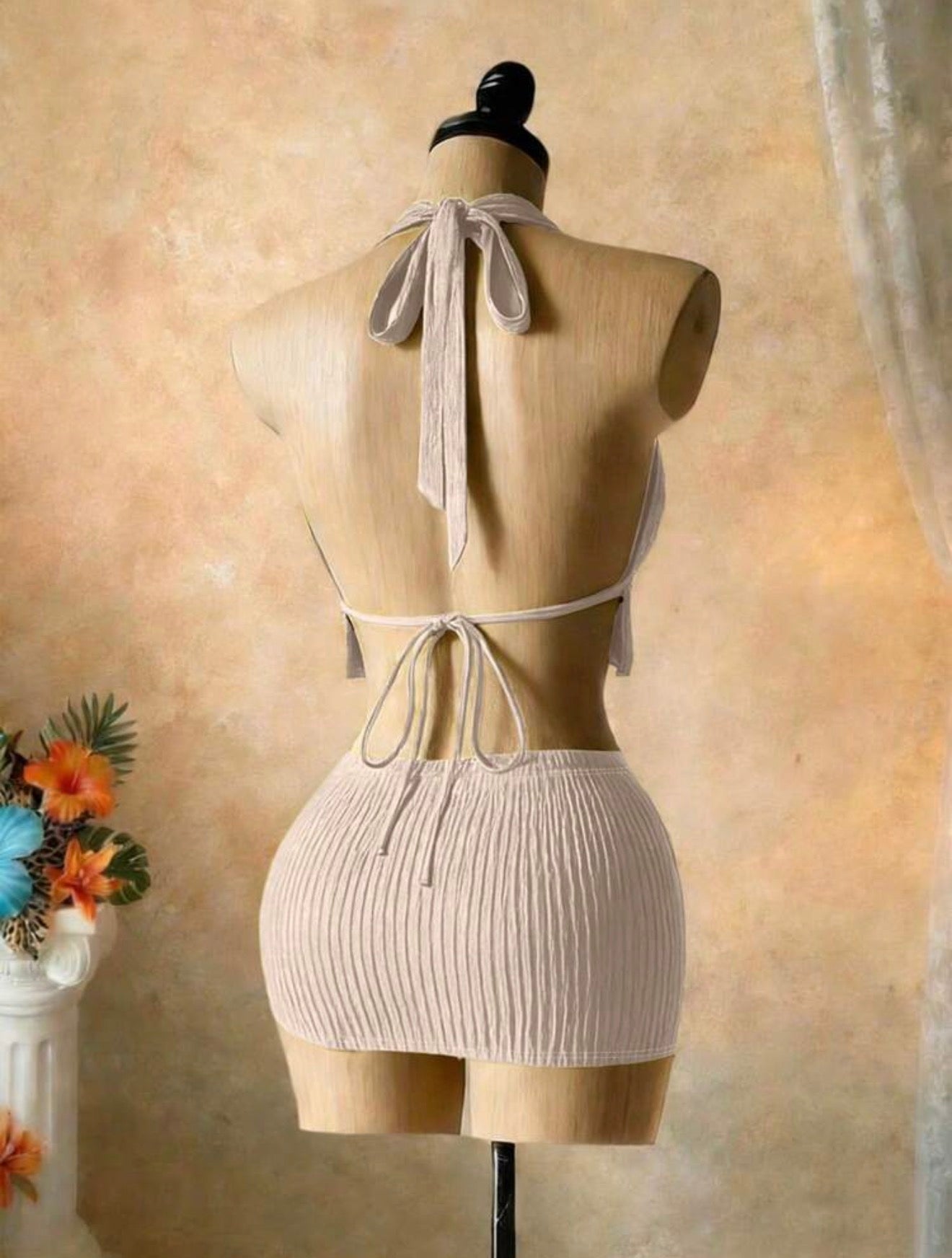 2PCS Knit-Textured Top & Mini Skirt
