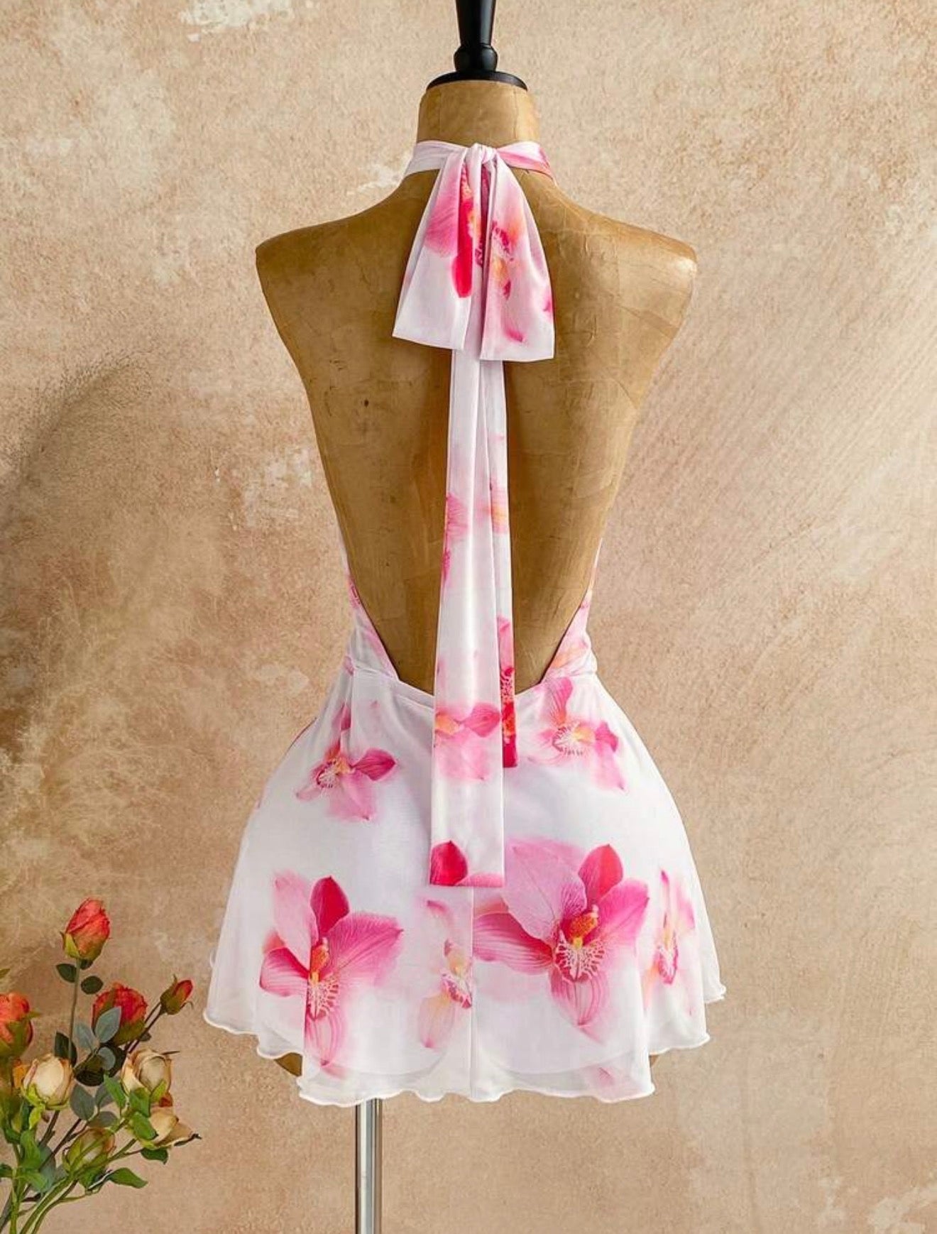 Floral Print Backless Mini Dress