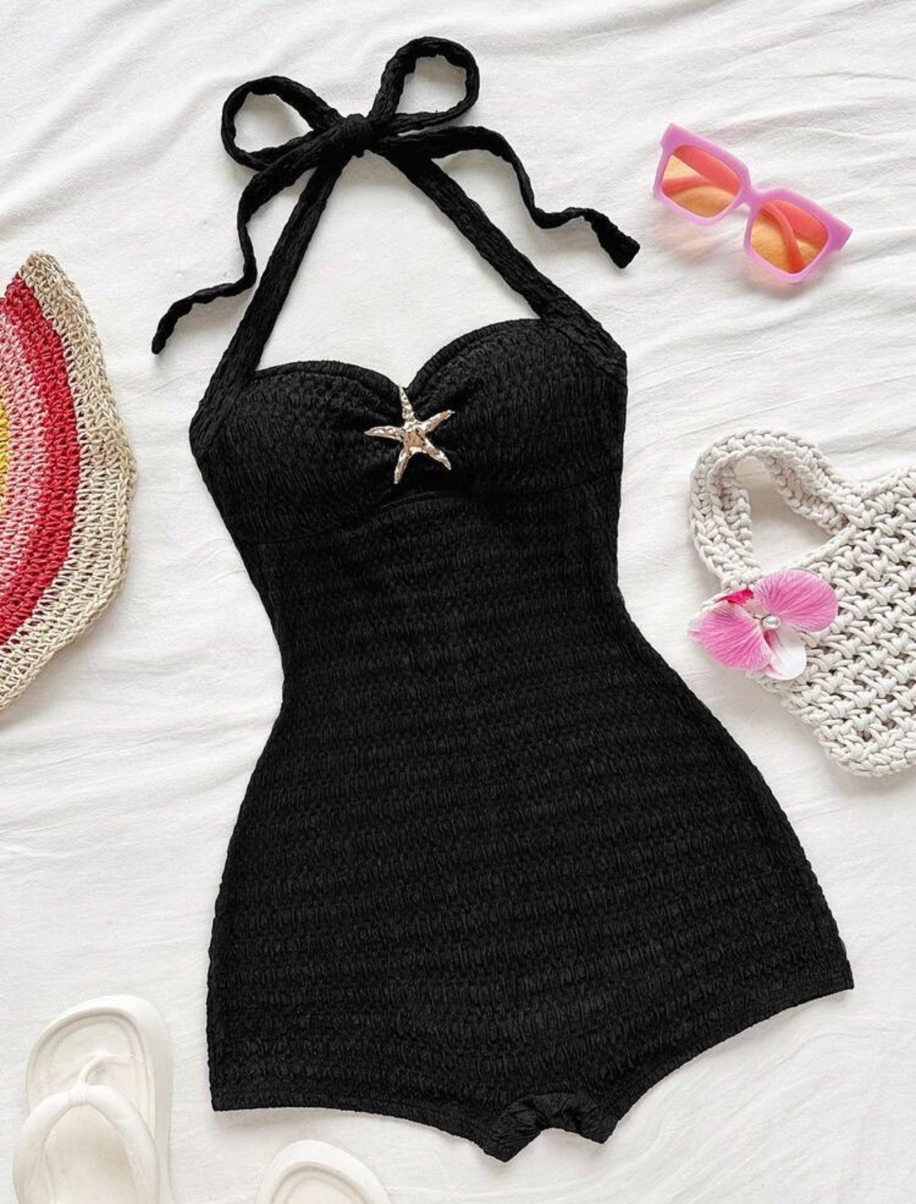 Black Romper with Gold Star Detail