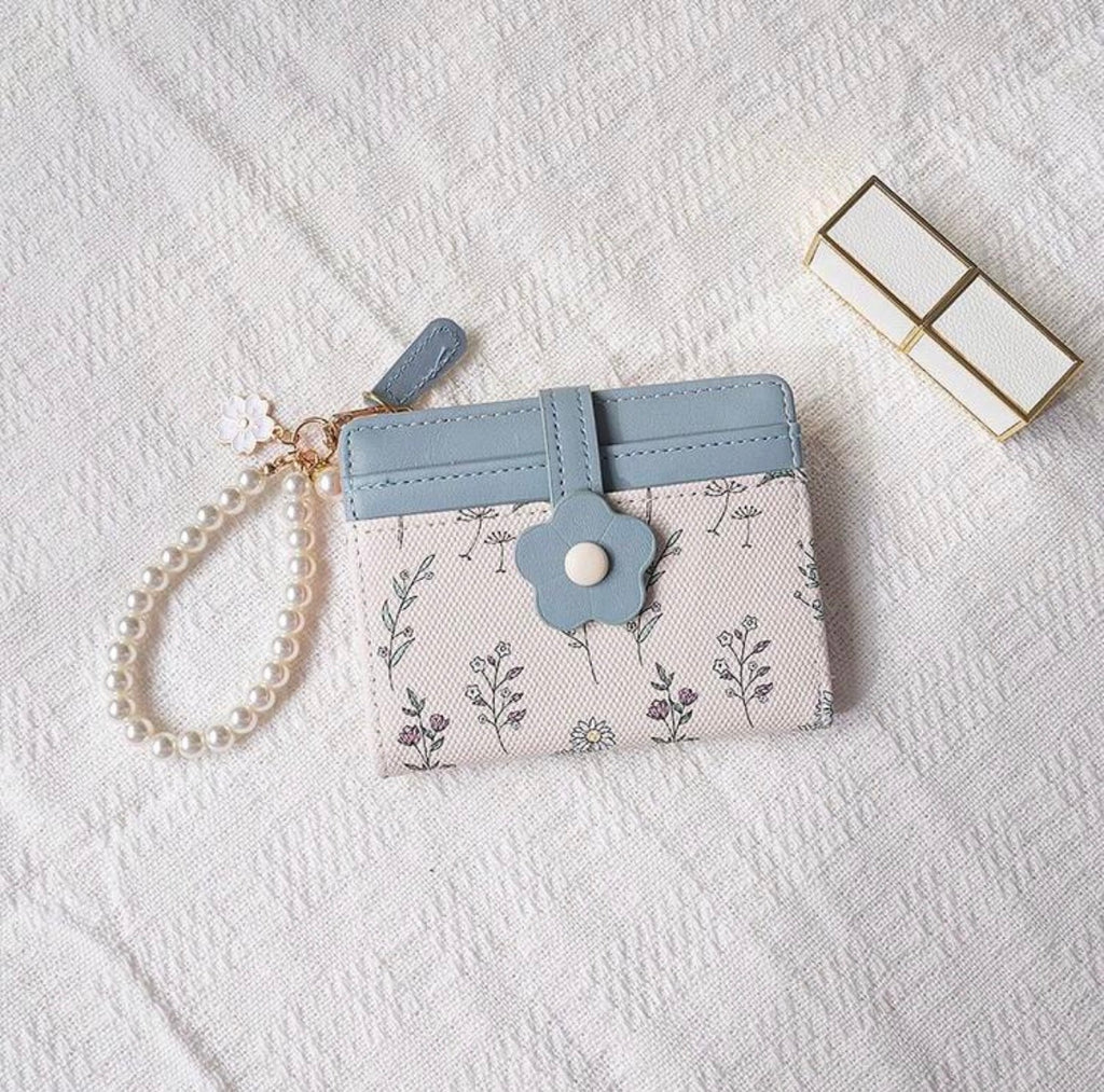 Floral Print Wallet With Pearl Chain