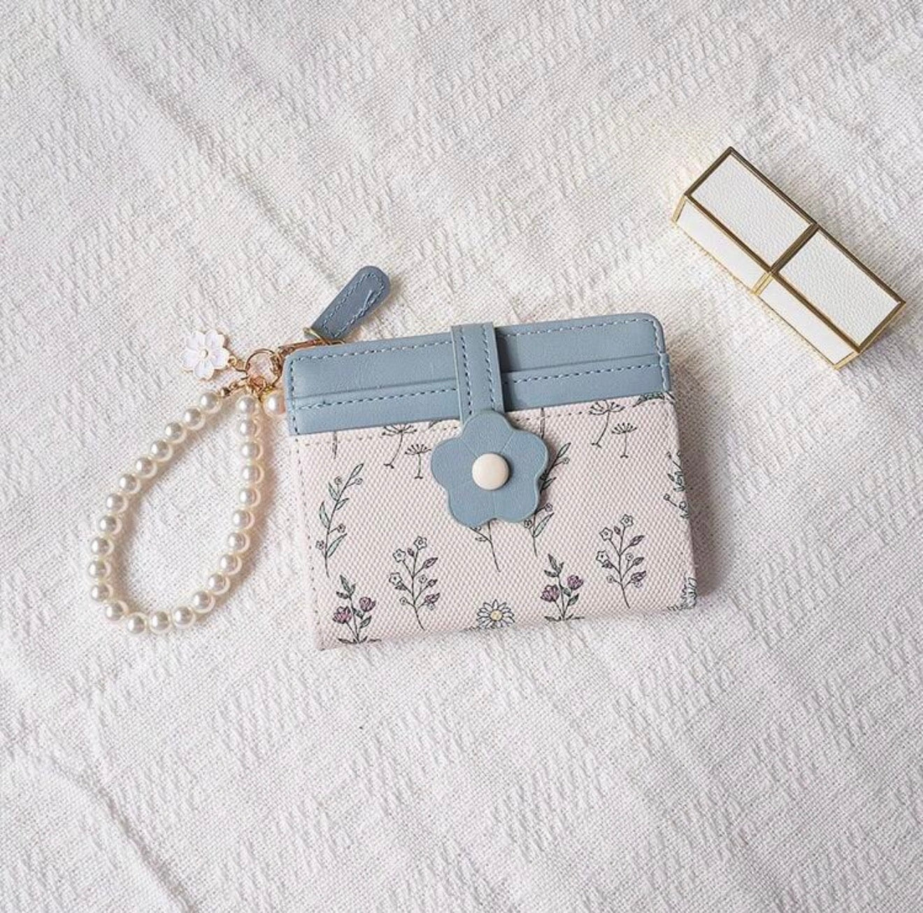 Floral Print Wallet With Pearl Chain