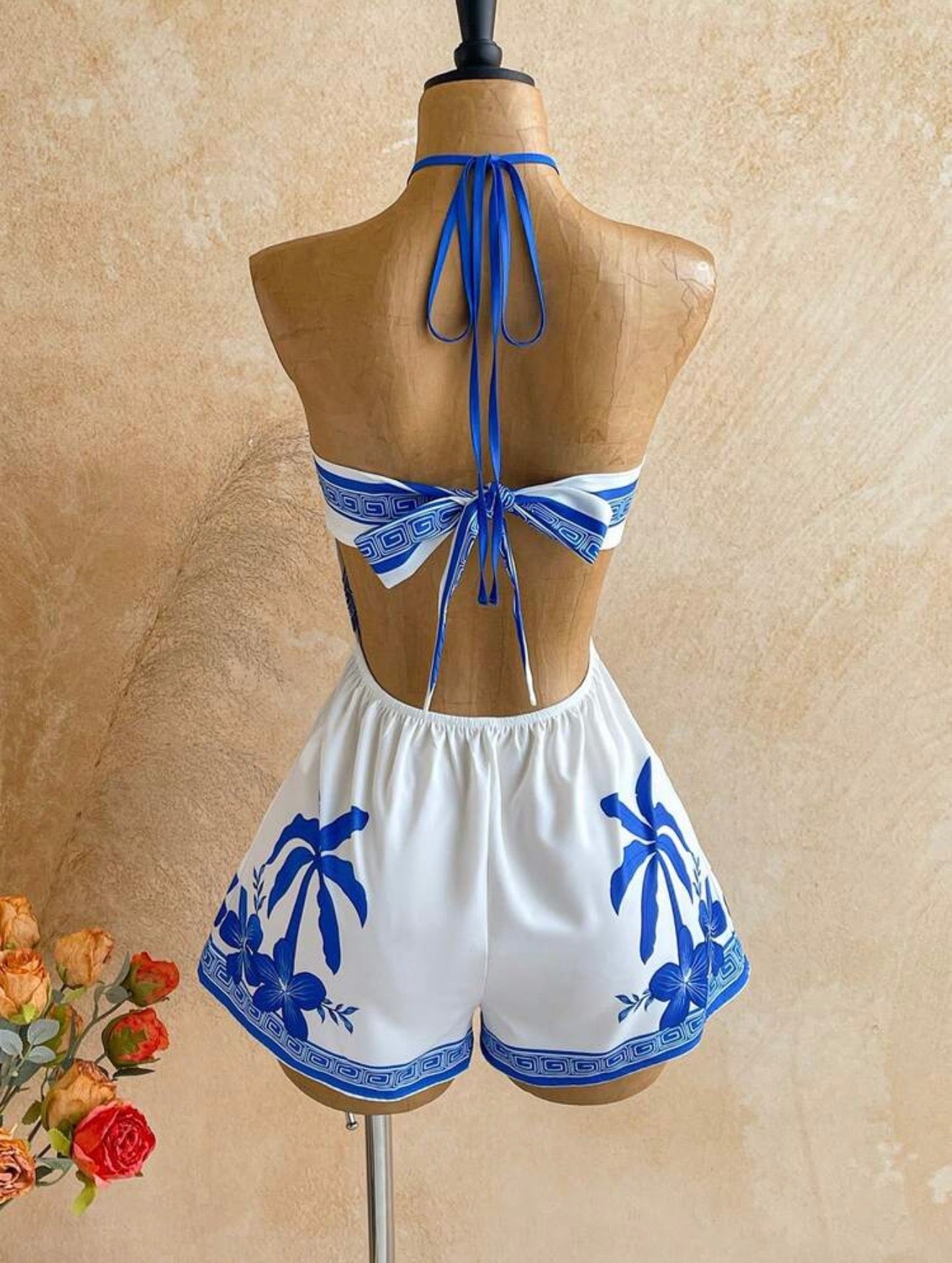 Tropical Print Backless Mini Jumpsuit