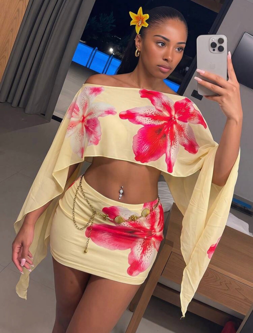 Yellow Sequin Sheer Asymmetrical Shoulder Loose Top & Skirt