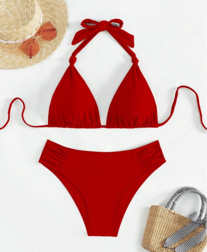 2pcs Sweet & Sexy Solid Color Tie-Up Spaghetti Strap Bikini Swimsuit Set