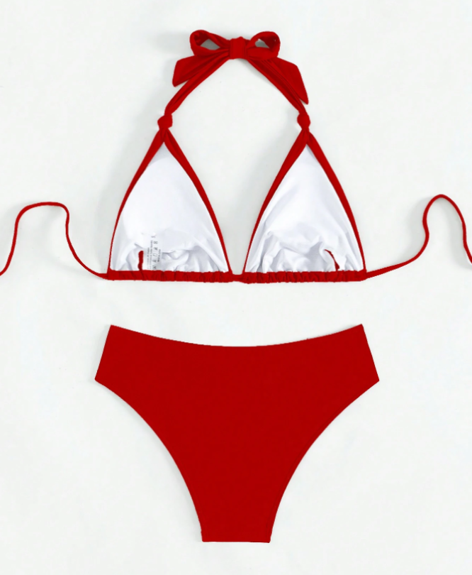 2pcs Sweet & Sexy Solid Color Tie-Up Spaghetti Strap Bikini Swimsuit Set