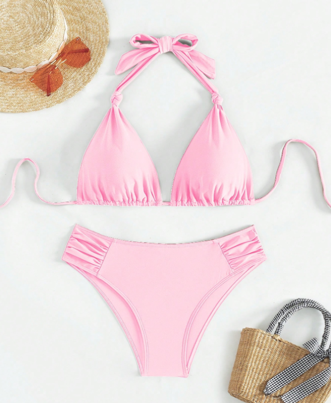 2pcs Sweet & Sexy Solid Color Tie-Up Spaghetti Strap Bikini Swimsuit Set