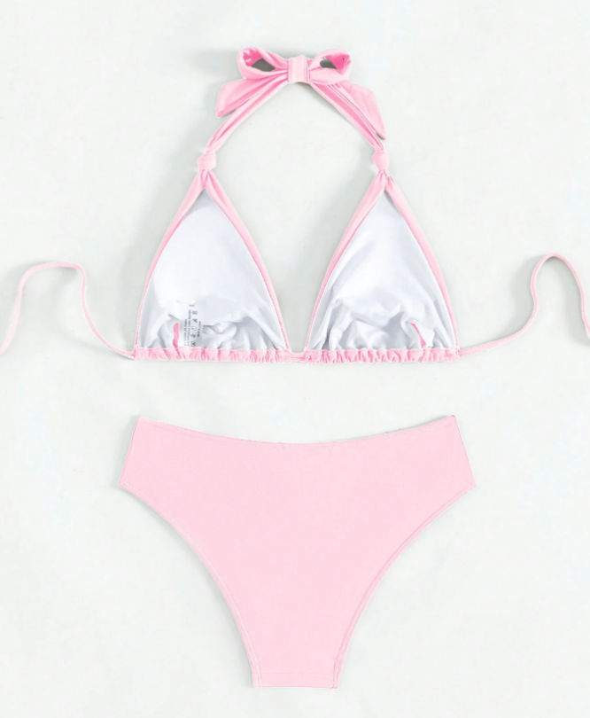 2pcs Sweet & Sexy Solid Color Tie-Up Spaghetti Strap Bikini Swimsuit Set